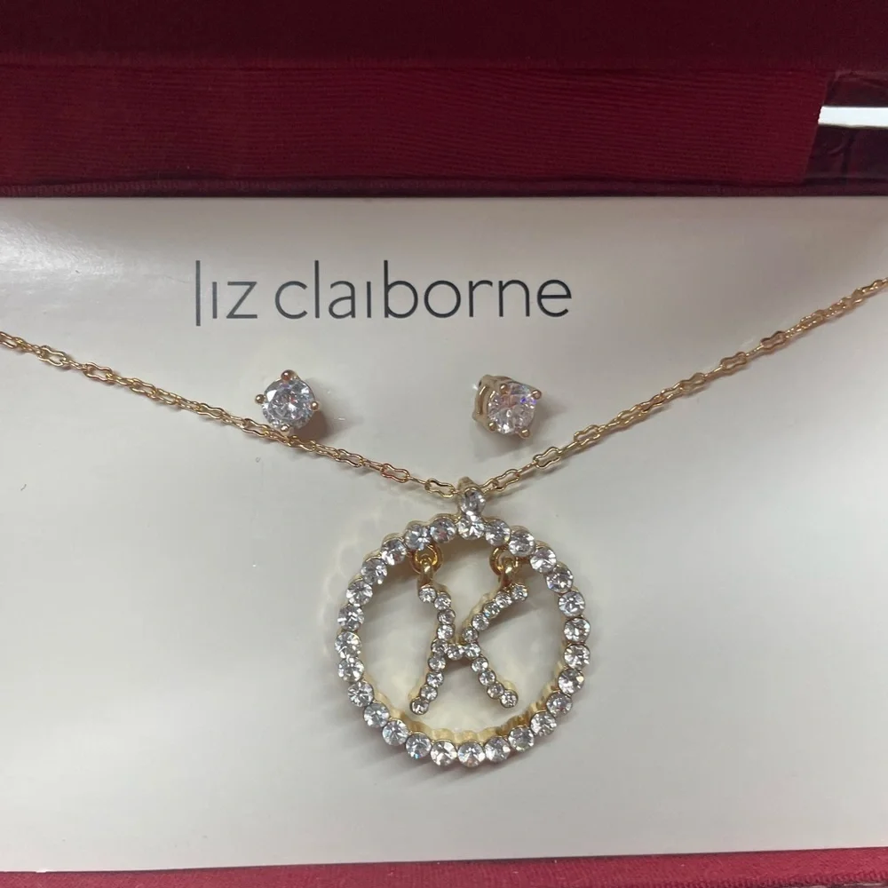 Liz Claiborne Monogram "K" Silvertone Rhinestone Jewelry Set in Gift Box NEW - Picture 2 of 4